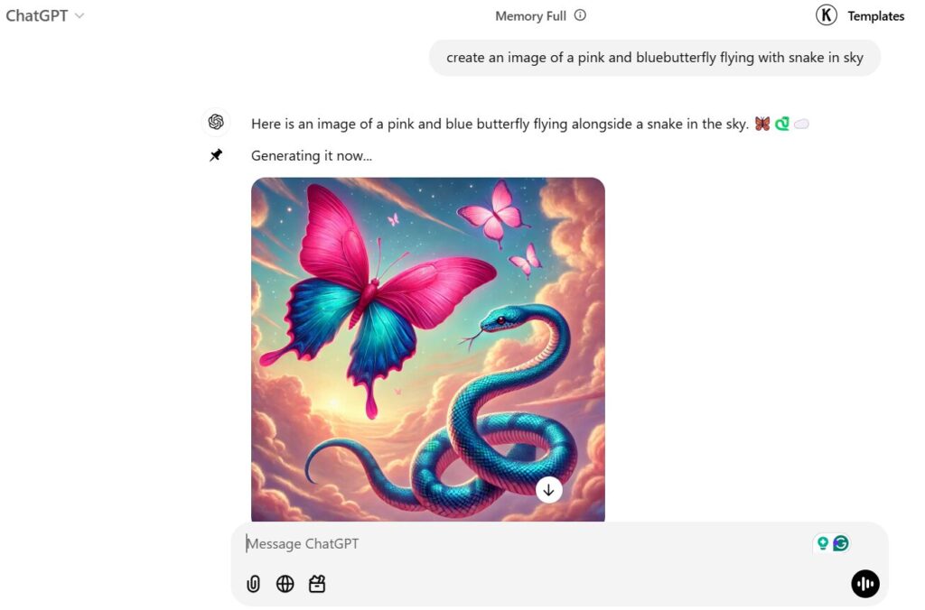 Generating a image a butterfly and snake is flying in sky by using free ai art generator