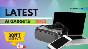 Written text Latest ai gadgets and some laptop and mobile gadget photos are there