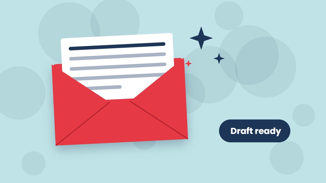 AI email writer illustration with an open envelope, a drafted letter and a Draft ready button