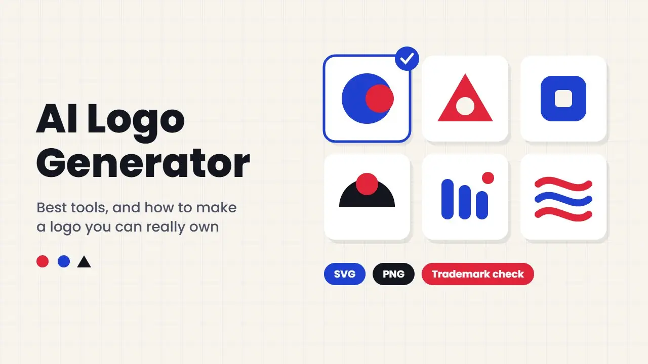 AI logo generator showing six original logo concepts with SVG, PNG and trademark check labels