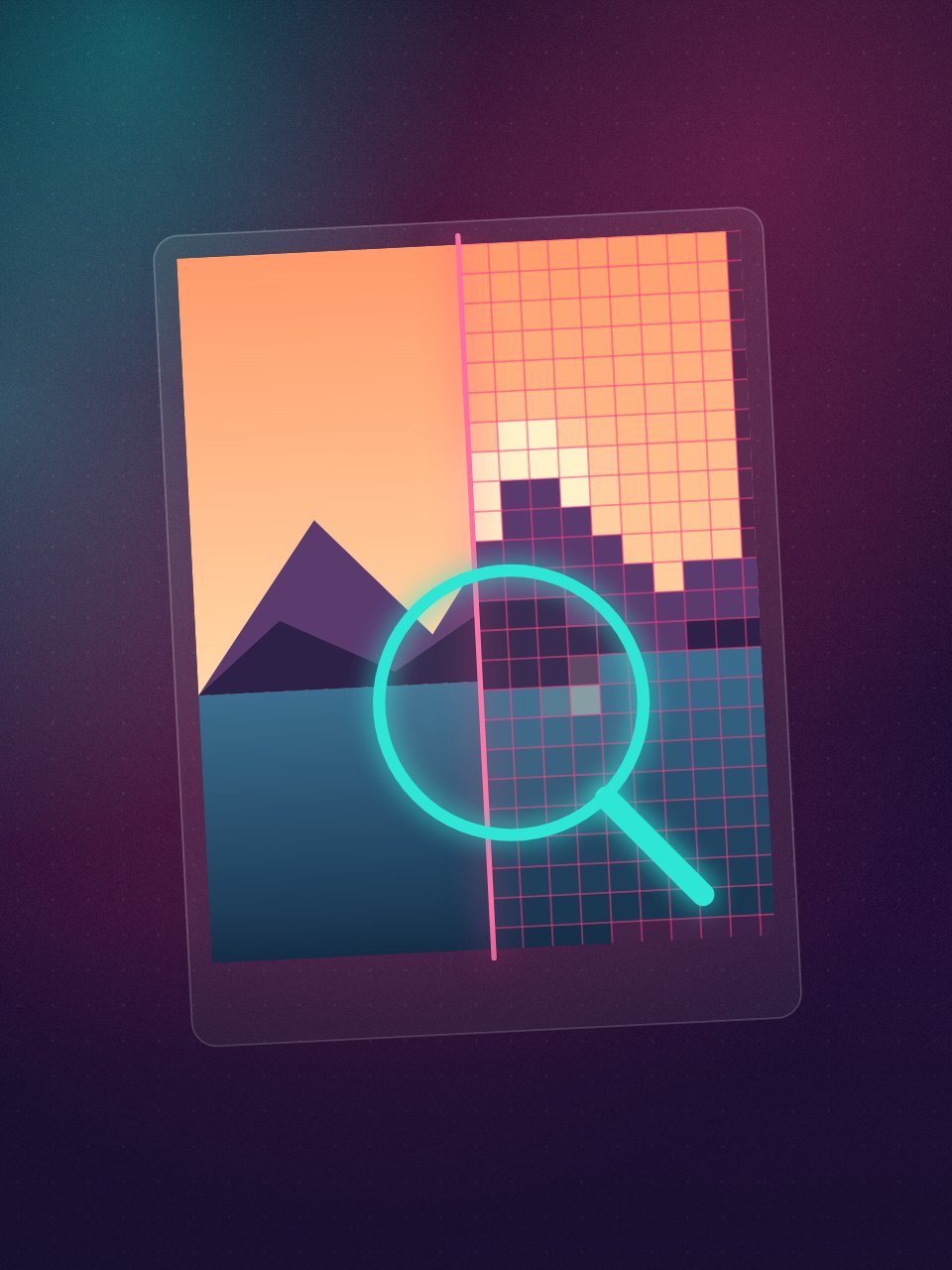 AI or real photo check illustration: a landscape half normal and half pixel grid under a magnifying glass