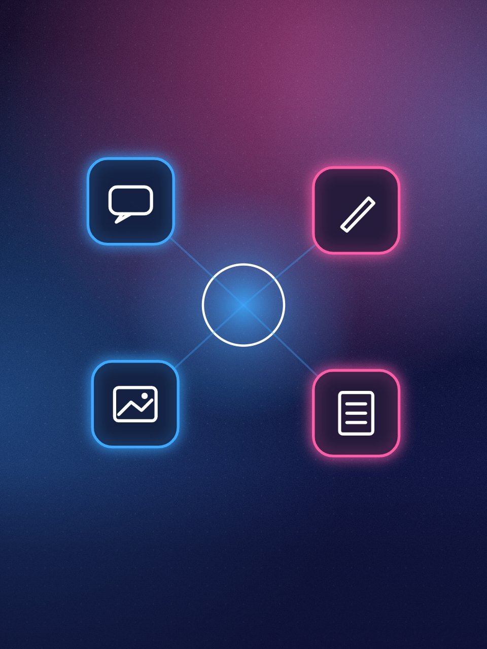 Four AI tool icons around a glowing core