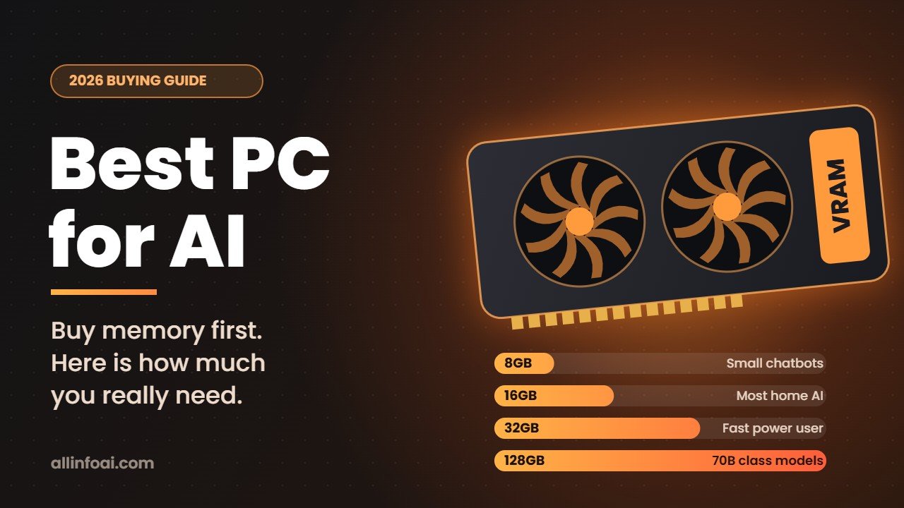 Best PC for AI guide graphic with a glowing graphics card and memory bars from 8GB to 128GB