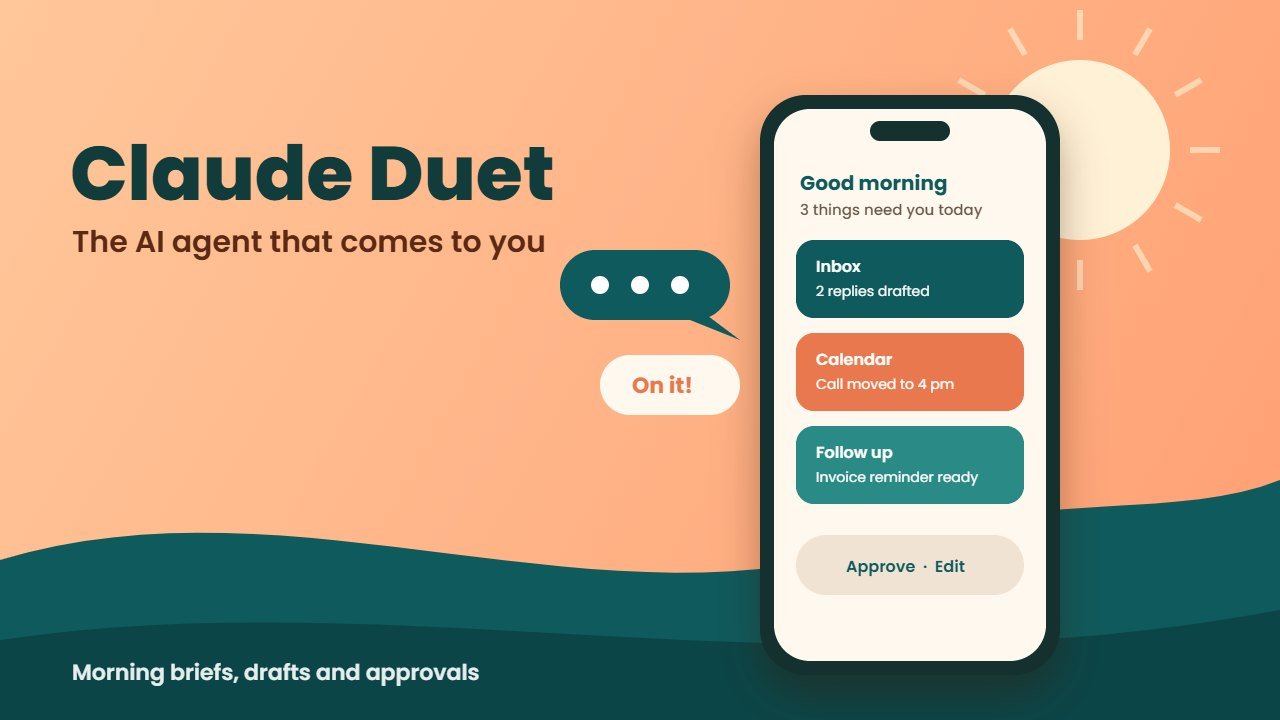 Claude Duet illustration: phone showing a morning brief with inbox, calendar and follow up cards under a rising sun