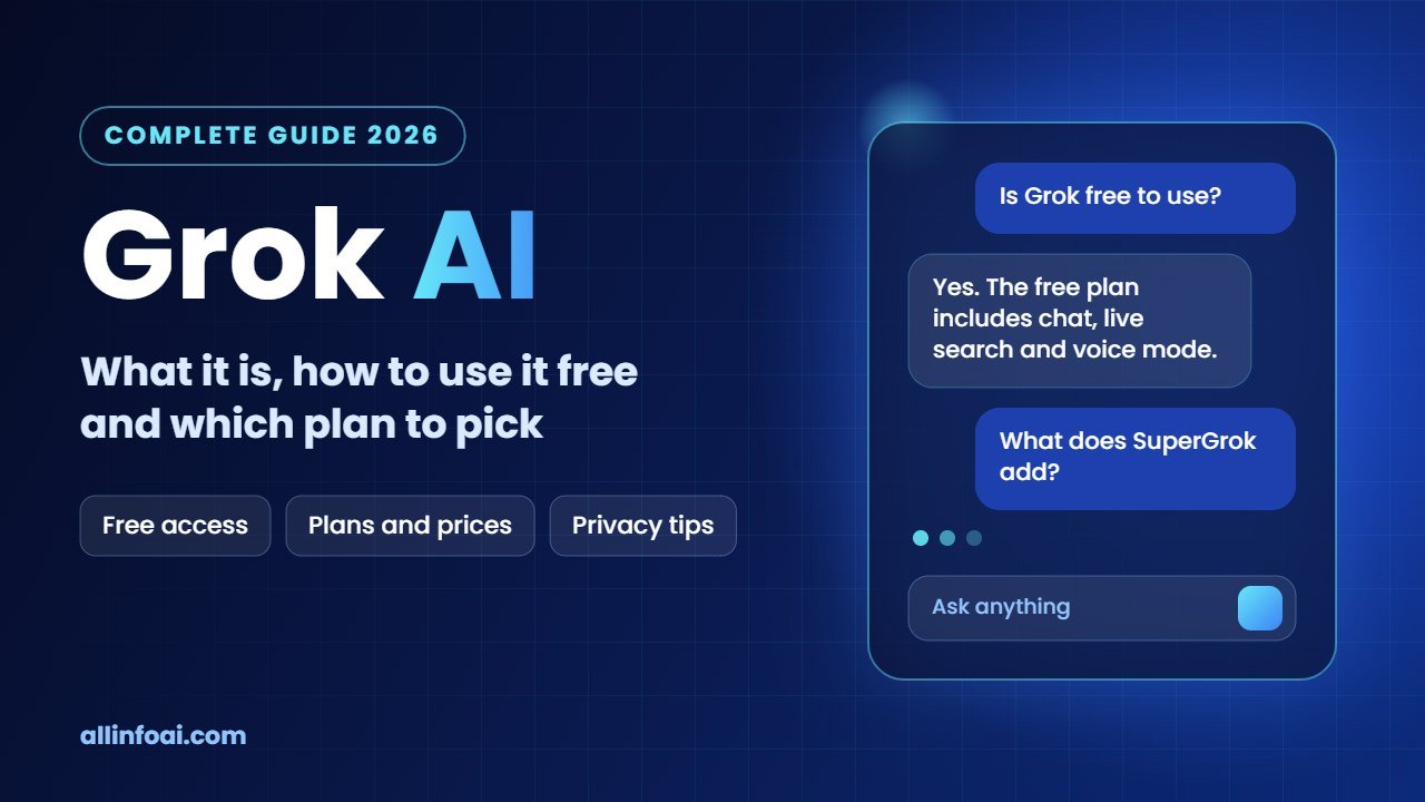 Grok AI guide 2026 illustration showing a chat window that answers whether Grok is free to use