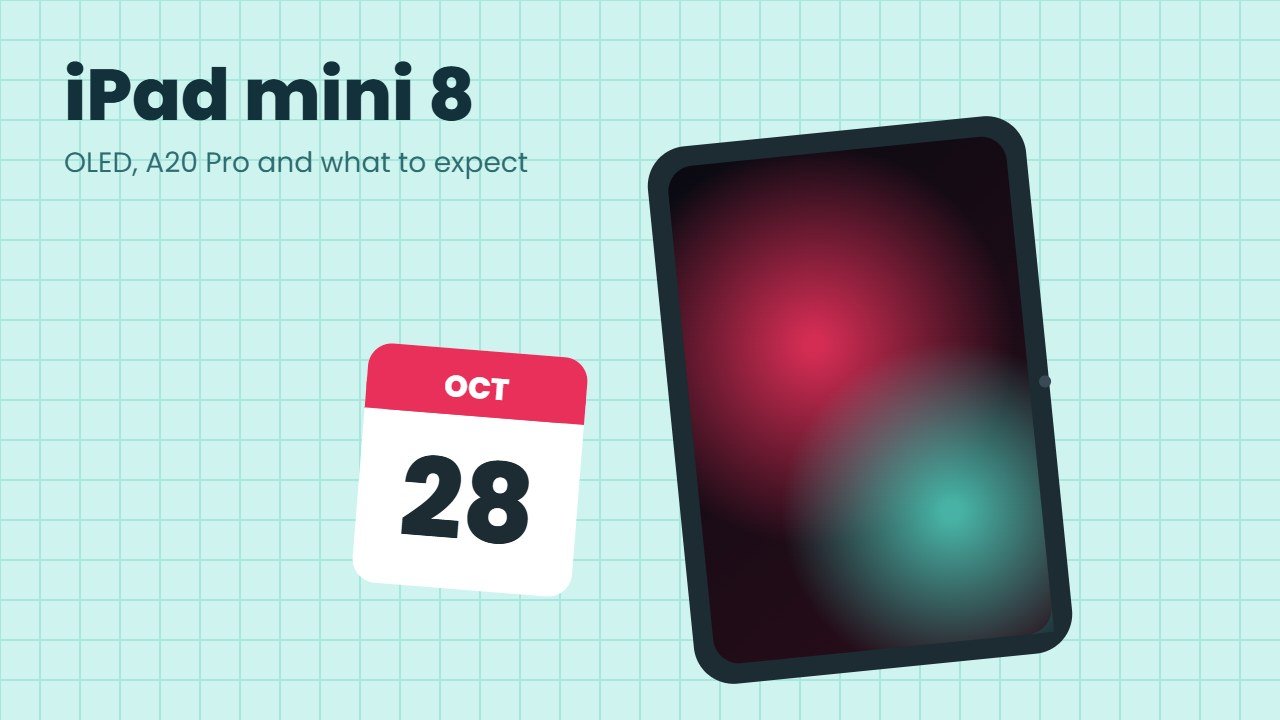 iPad mini 8 illustration of a small tablet with an OLED glow and an October 28 calendar card