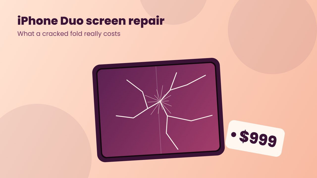 iPhone Duo screen repair illustration showing a cracked folding display and a $999 price tag