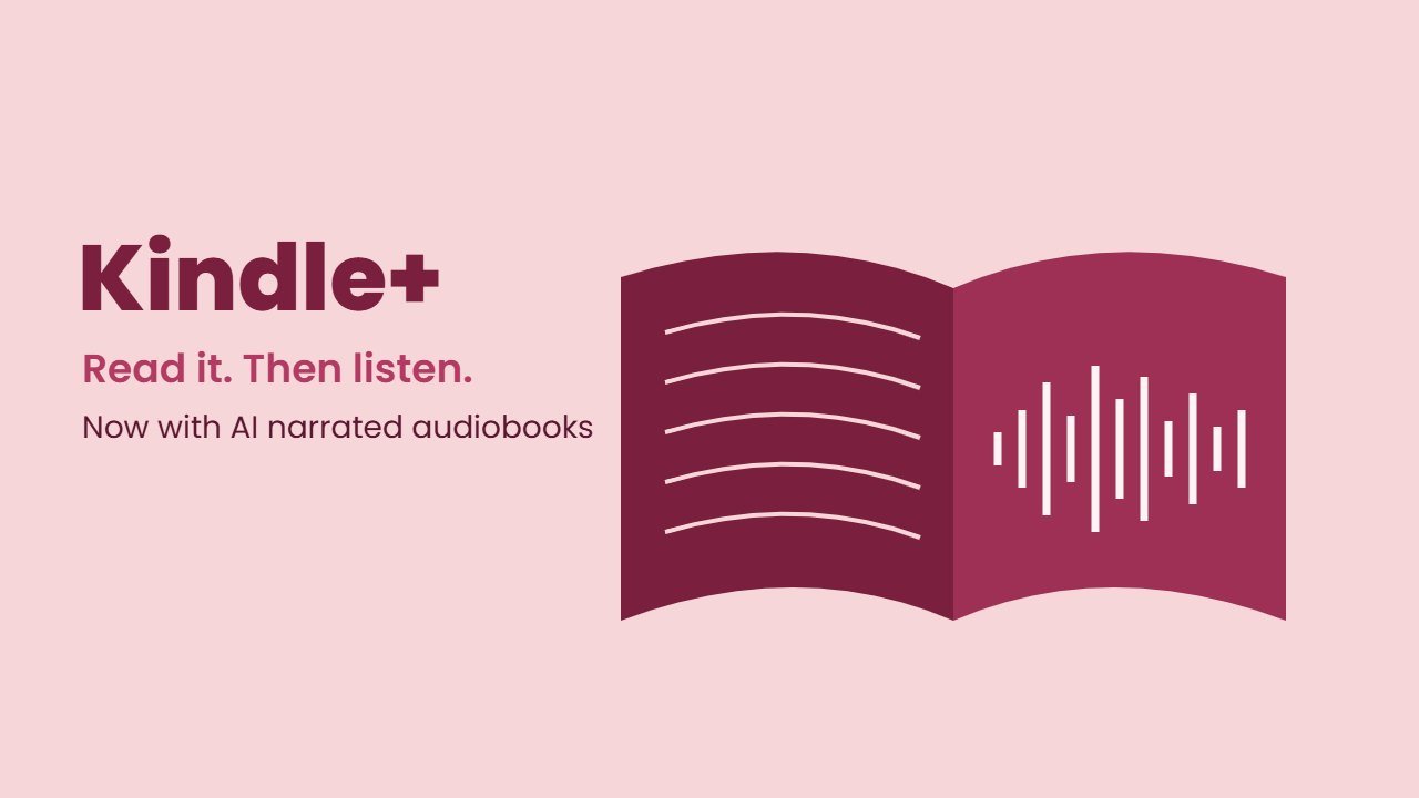 Kindle Plus art showing an open book turning into sound waves for audiobooks
