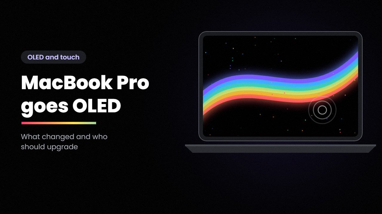 MacBook Pro OLED illustration: laptop with a glowing rainbow ribbon on a deep black screen and a touch ripple