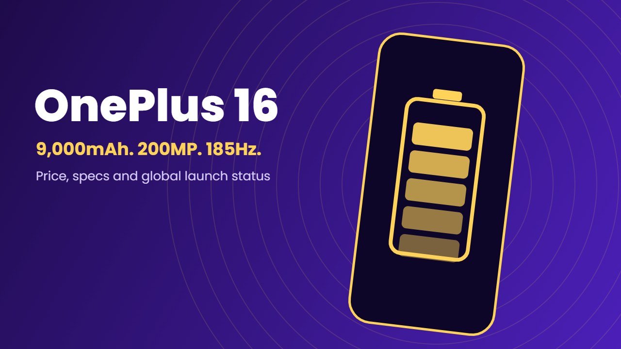 OnePlus 16 illustration of a phone with a large battery icon on a violet background