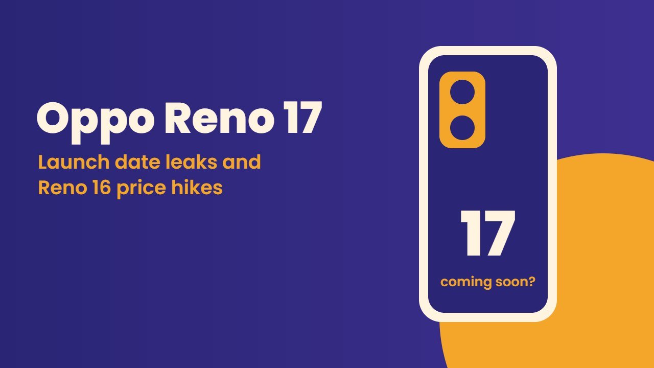 Oppo Reno 17 art with a phone outline showing 17 and a saffron camera module on indigo