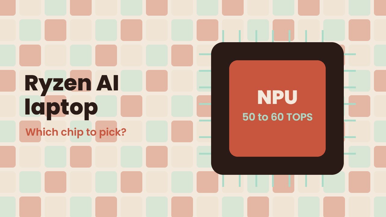 Ryzen AI laptop guide art showing an NPU chip rated 50 to 60 TOPS on a tiled red and mint background