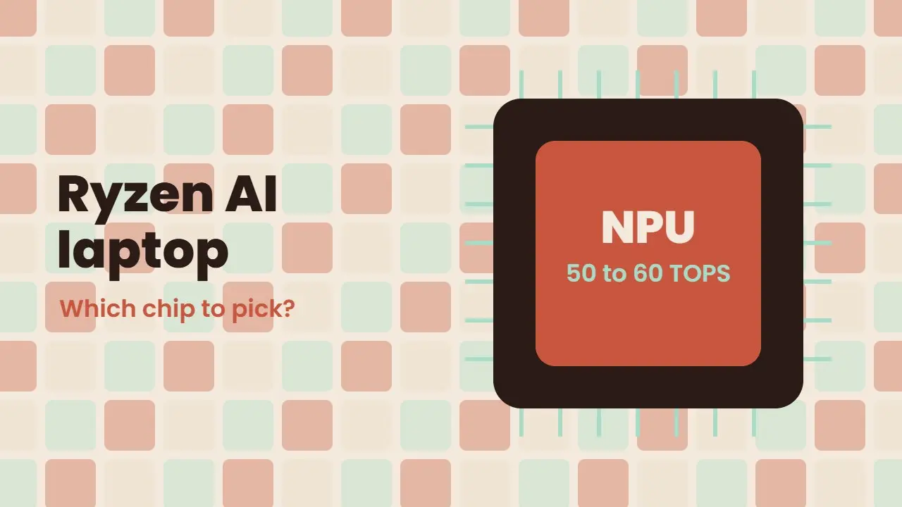 Ryzen AI laptop guide art showing an NPU chip rated 50 to 60 TOPS on a tiled red and mint background