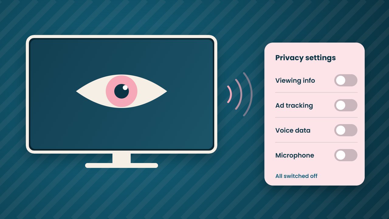 Samsung TV privacy illustration with a TV screen eye and tracking settings switched off